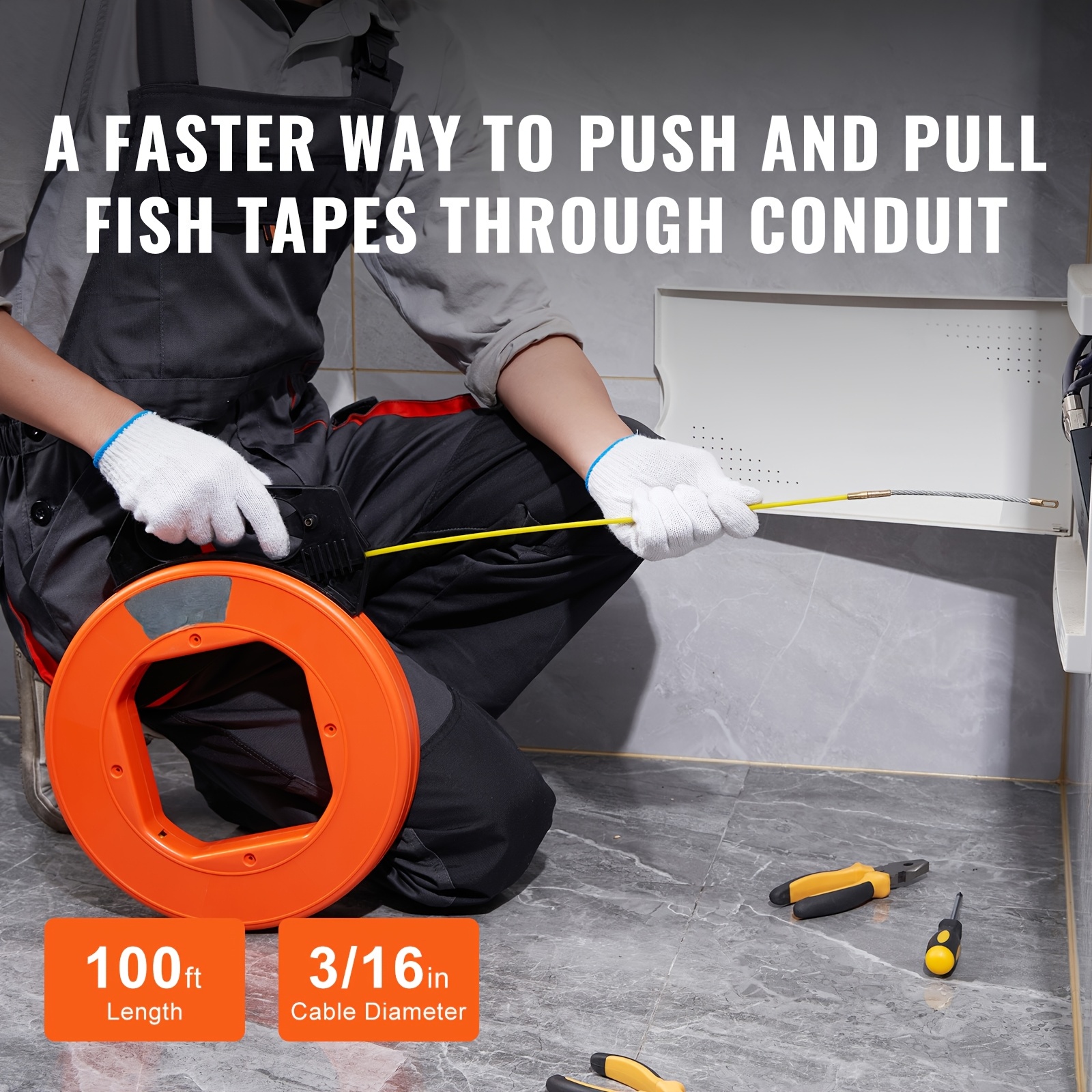 100ft fiberglass fish tape with grip routing tool inch orange pe material ideal for aquariums walls and electrical ducts fish tape tool easy handling design fiberglass tape details 4