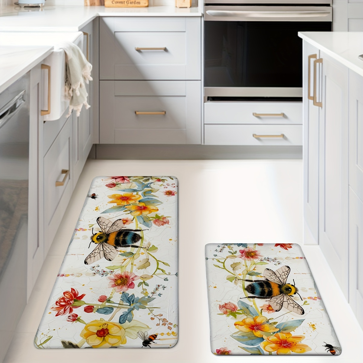 

1pc/2pcs, Bee Flowers Kitchen Mats, Non-slip And Durable Bathroom Pads For Floor, Comfortable Standing Runner Rugs, Carpets For Kitchen, Home, Office, Laundry Room, Bathroom, Spring Decor