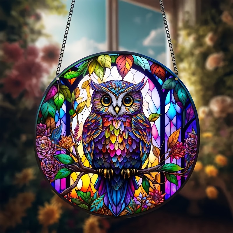 

1 Owl Acrylic Stained Glass Window Hanging - Vibrant, With Floral For Home, Office, Kitchen, Garden | Washable, No Power Needed | Ideal Gift For Birthdays, Weddings,