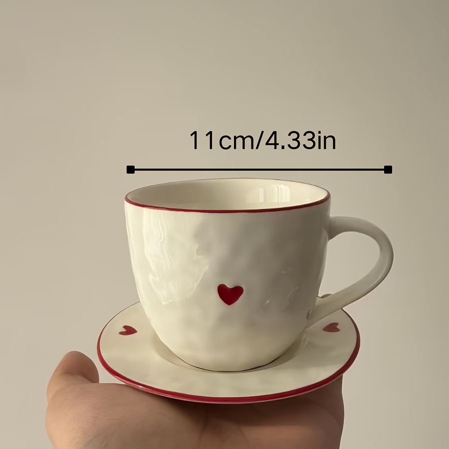 Ceramic Heart Mug And Saucer Set, Red Trim Coffee Cup, Christmas Holiday Gift Idea, Cute Love Tea Cup