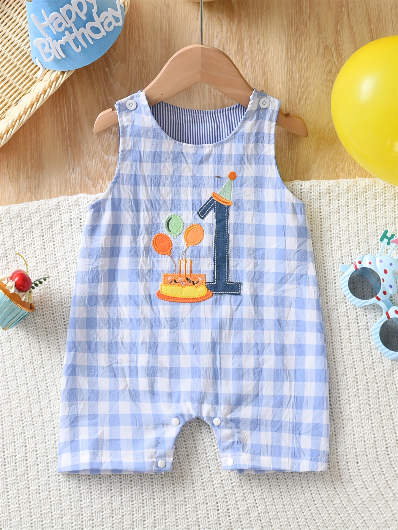 boys 1st birthday embroidered checkered sleeveless romper blue white with   hat   breathable fabric summer casual outfit   outdoor celebrations baby boy outfit celebration outfit   design durable infantwear