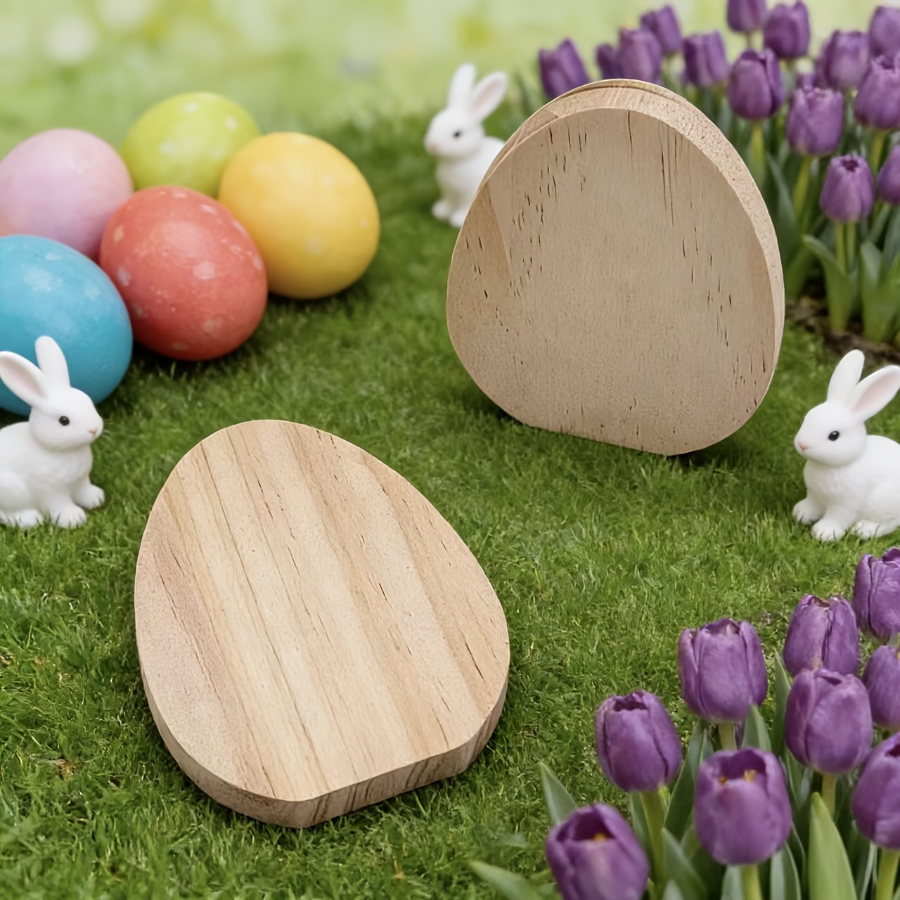 2pcs Collectible Figurines, Wooden Craft Eggs Figurines, Easter Decorative Egg, Natural, Use For Easter Party Decoration, Table Decoration