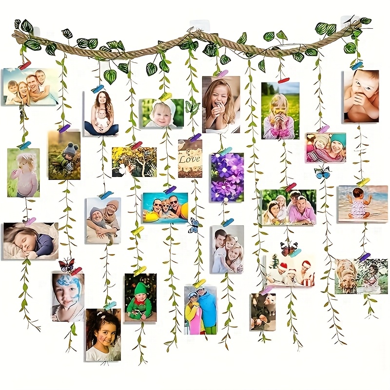 Image of Disorganized Hanging Photo Display Wall Decor, Artificial Hemp Rope Rattan Plant Diy Photo Frame Collage Set, With 25 Colored Clips And 5 Decorations