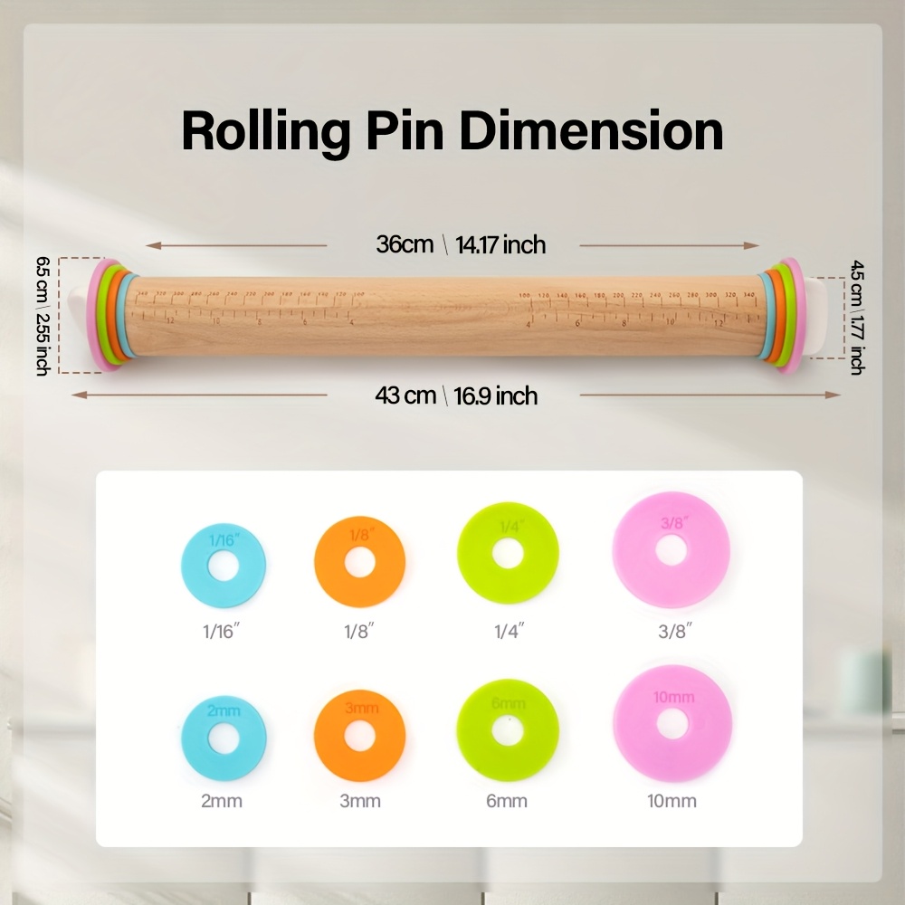 E-shop Verstellbarer Holz-Rollschaber mit Dicke-Ringen - zum Backen, Pizza, Kuchen und mehr - Ideales Küchengerät für Feiertage wie Ostern, Halloween,