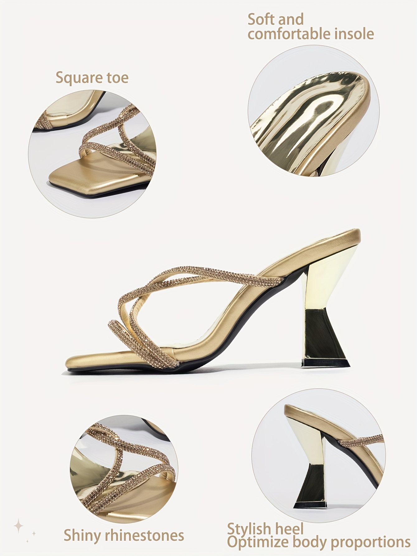 Golden High Heel Slippers Women's Thin Heels 2025 Spring and Summer New  Large Size Square Toe Fashion Outdoor Sandals