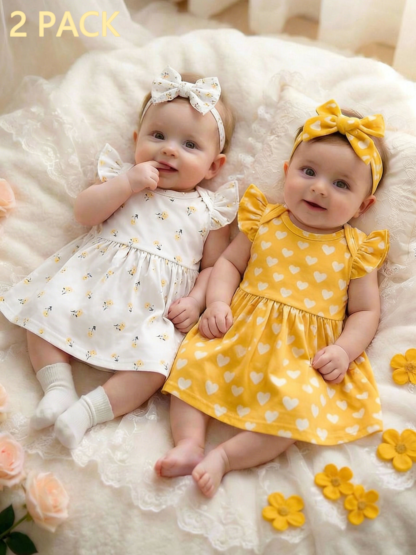 2pcs Short Sleeved Newborn Baby Girl * Casual Cute * Sleeve Round Neck  Dress with Bohemian Style Floral Print And Polka Dots