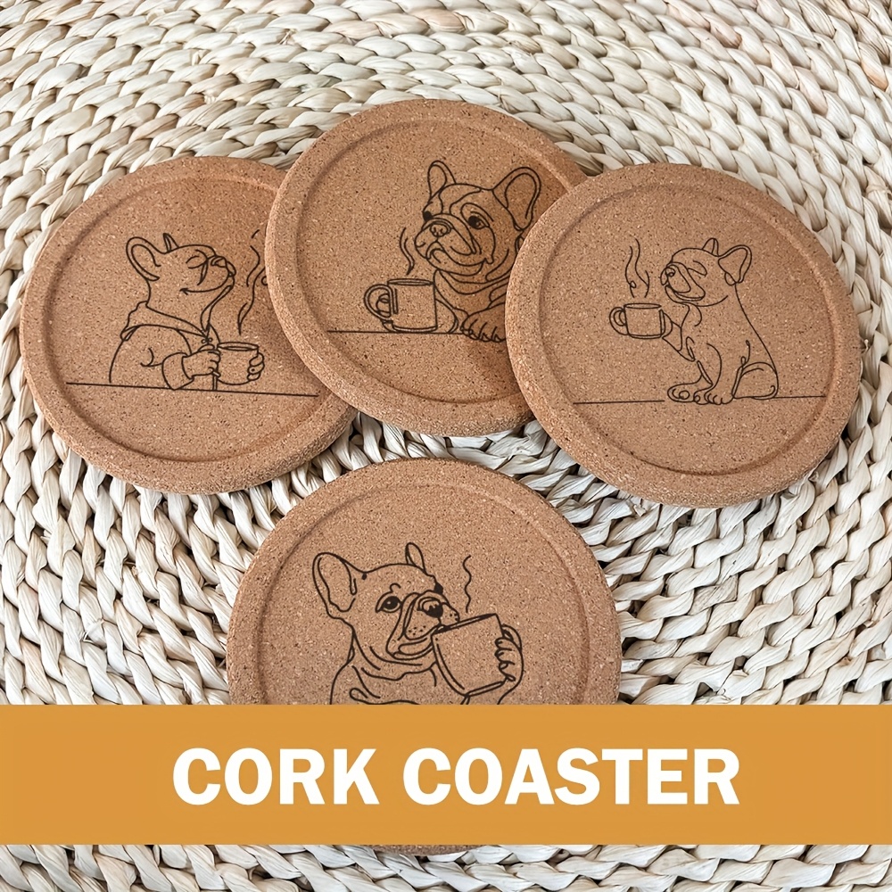 TEMU 4pcs Thickened Cork Coaster With Grooved Round Edge, Unique Handmade Carving Cute Bulldog And Coffee Pattern, Rustic Style Desktop Decoration