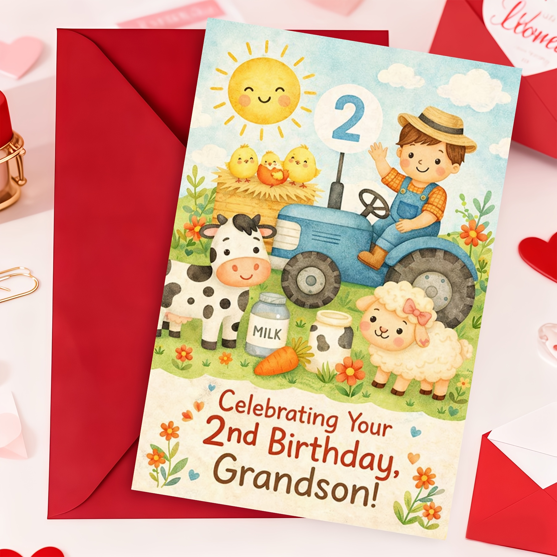 TEMU 1set Whimsical Watercolor Farm Birthday Card With Envelope, Tractor, Cow & 2nd Birthday Card For Grandson