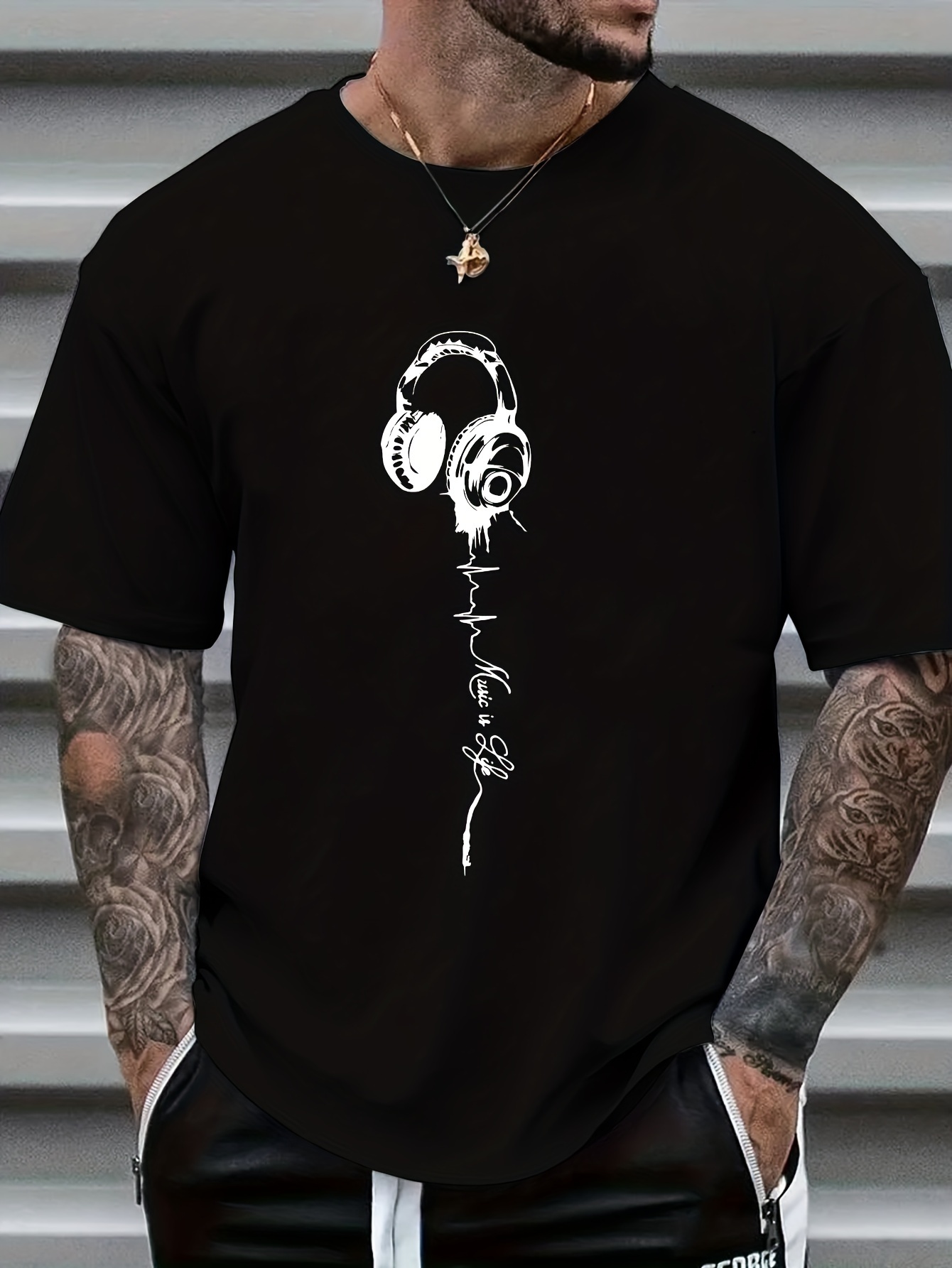 Men's Music Print Short Sleeve T-Shirts, Comfy Casual Elastic Crew Neck Tops, Men's Clothing