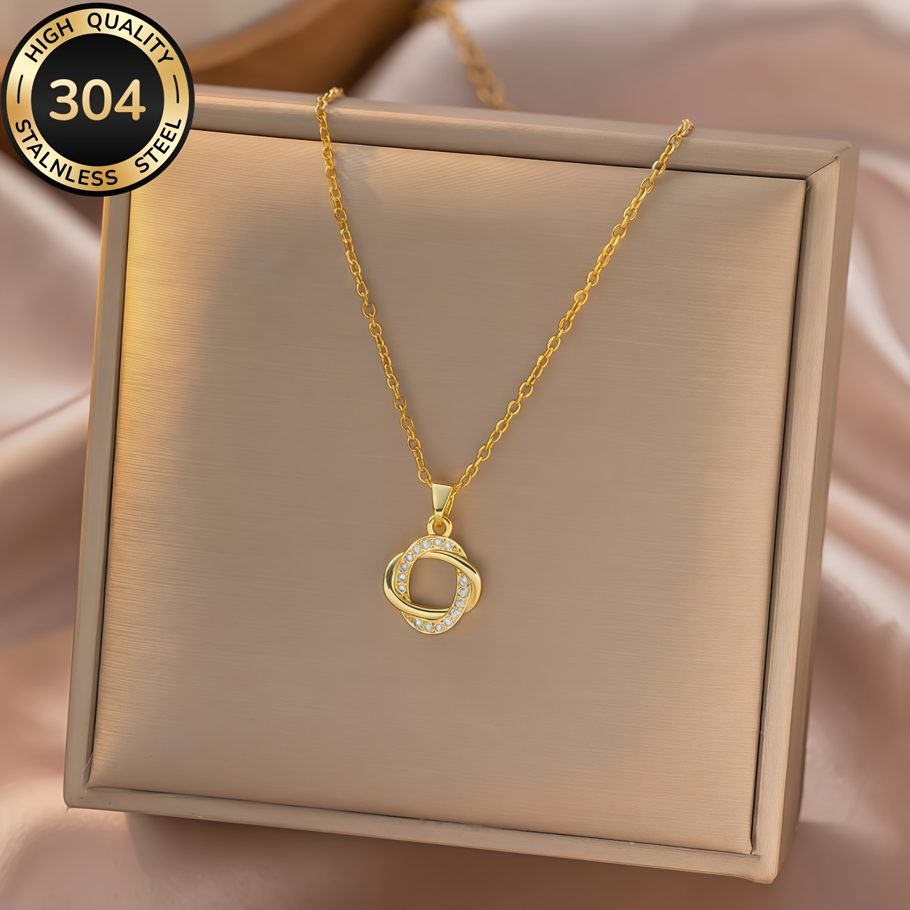 TEMU Women's 18k Plated Interlocking Clavicle Necklace With Geometric Petal Pendant - Minimalist European Elegant Chain Jewelry Suitable For Daily