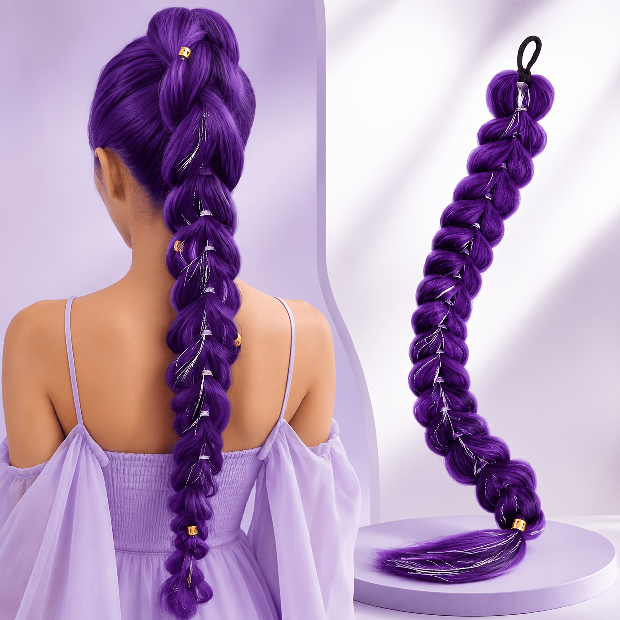 item picture kpop pre   bubble braid ponytail hair extension piece synthetic long bubble braid tail with metallic wire silvery thread decoration   braided wig for women at parties halloween role playing