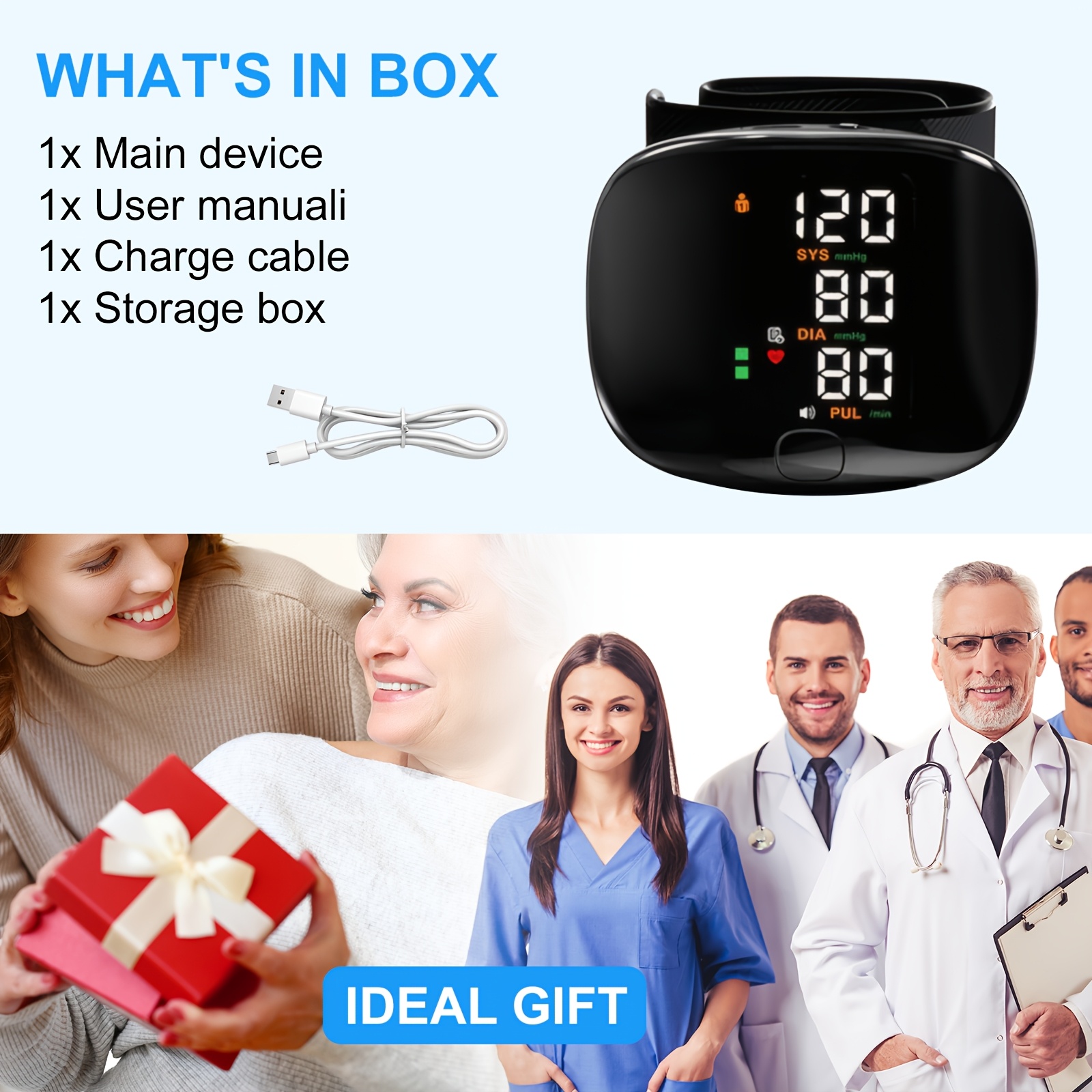 Automatic wrist blood pressure monitor, featuring an adjustable cuff, heart rate monitoring, irregular heartbeat alerts and a built-in rechargeable lithium battery. Suitable for blood pressure management in patients with hypertension.
