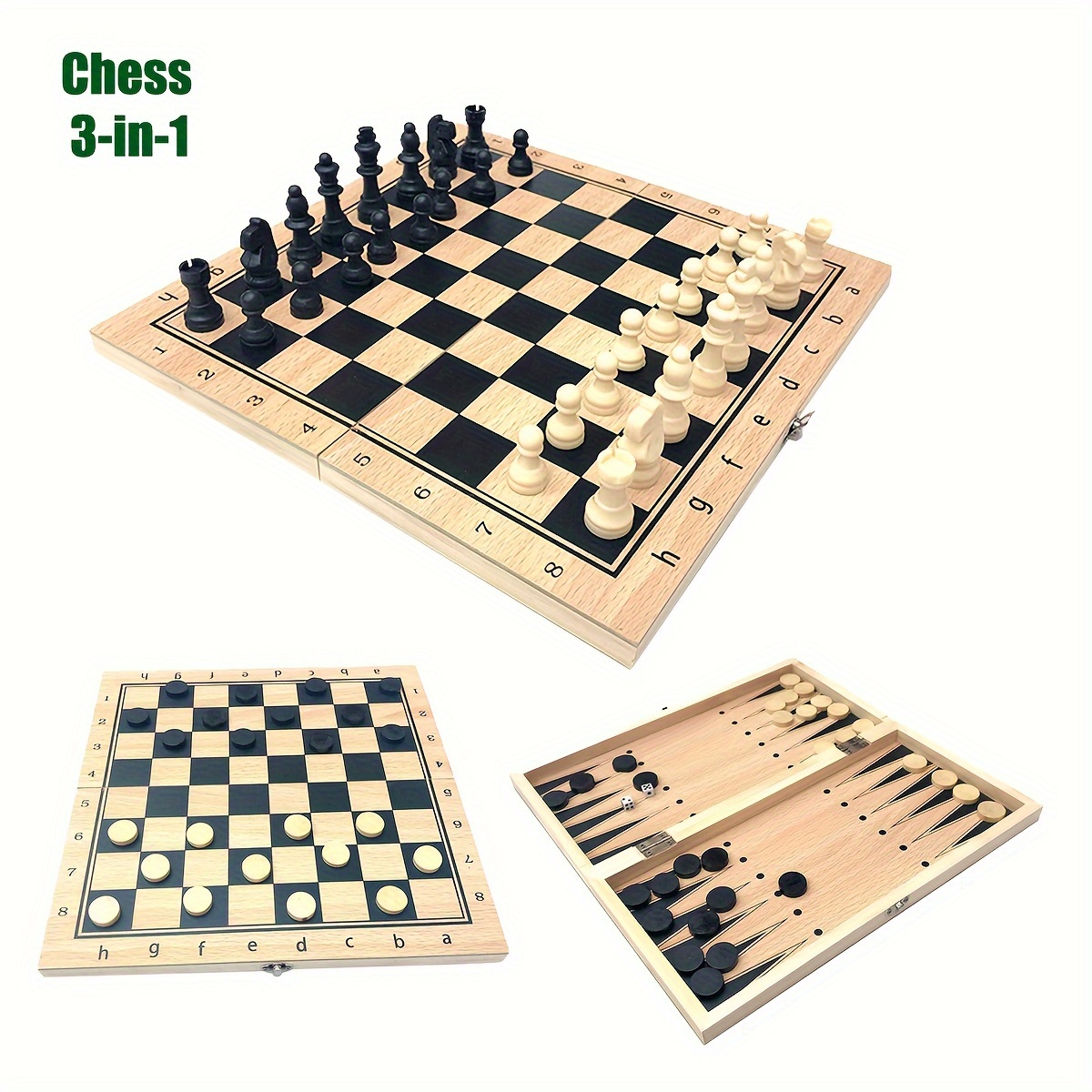 

Premium 3-in-1 Wooden Chess Set With Folding Storage - Includes Classic Chess, Backgammon & Checkers For Adults
