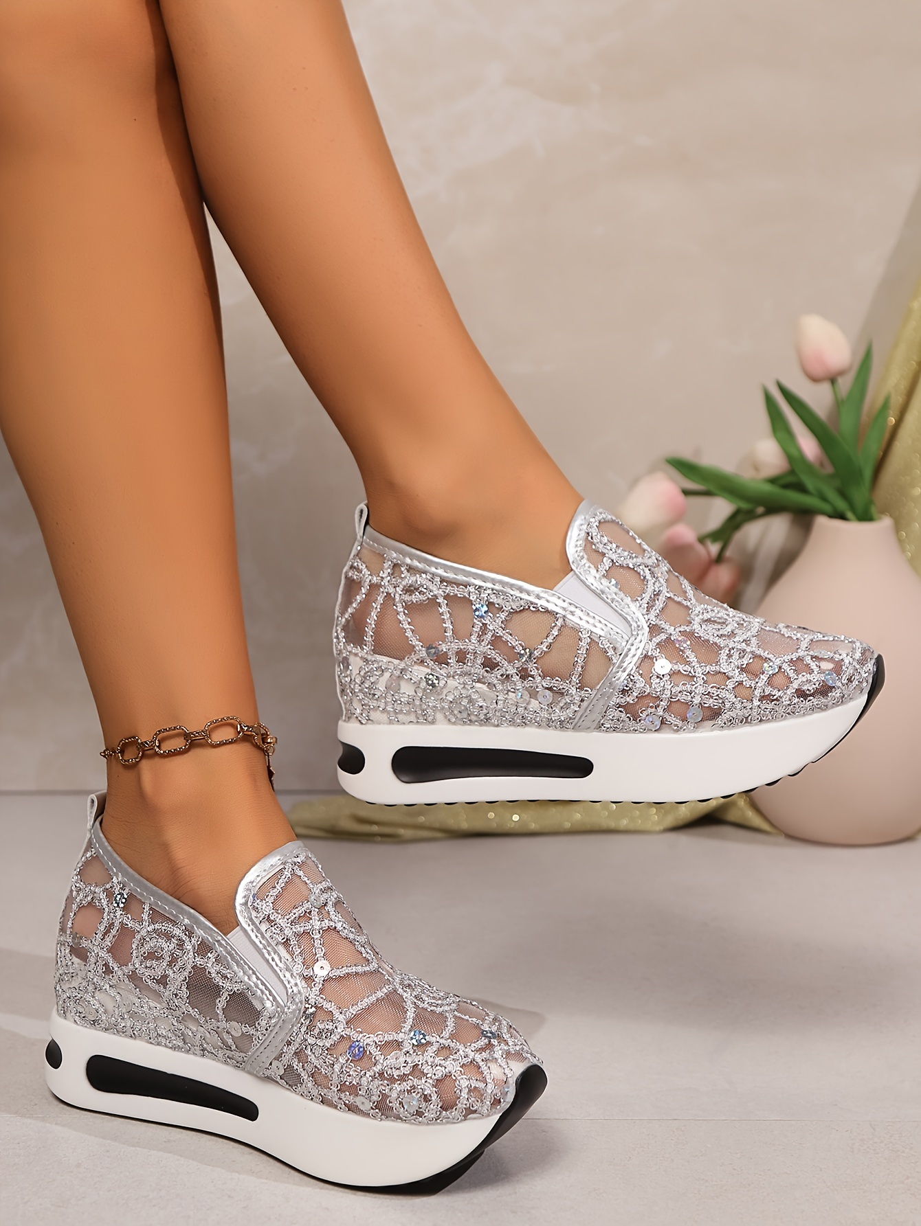 womens low top sneakers with shiny mesh breathable fabric eva sole   casual sports shoes details 3