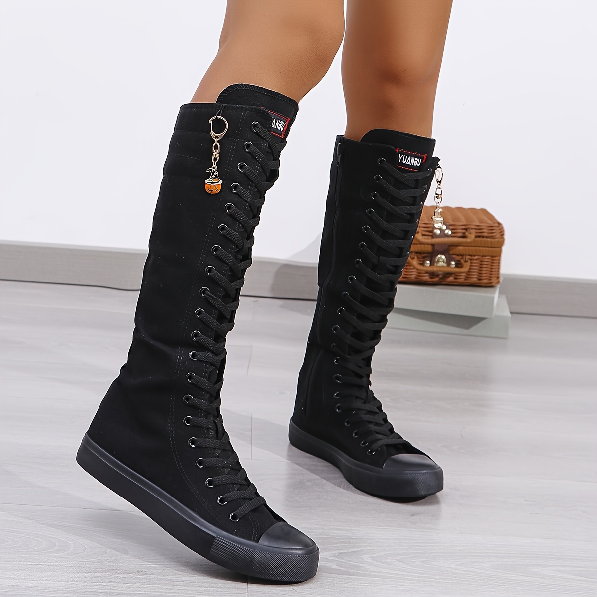 

Women's Fashion Flat Canvas Inside Zipper Knee-high Boots, Girls Students Decoration Pendant Canvas Sneakers Boots