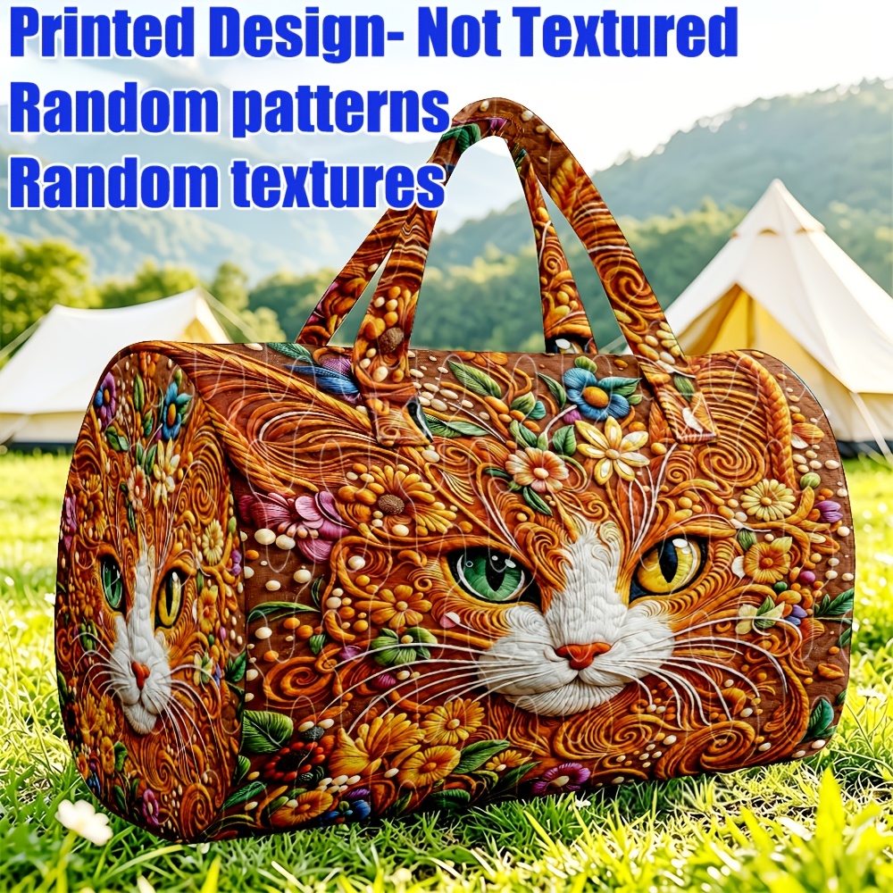 TEMU 1pc Artistic Floral Cat Quilted Women's Tote Bag, Large Capacity Travel Luggage Bag, Artistic Floral Style, Perfect For , Christmas & Halloween
