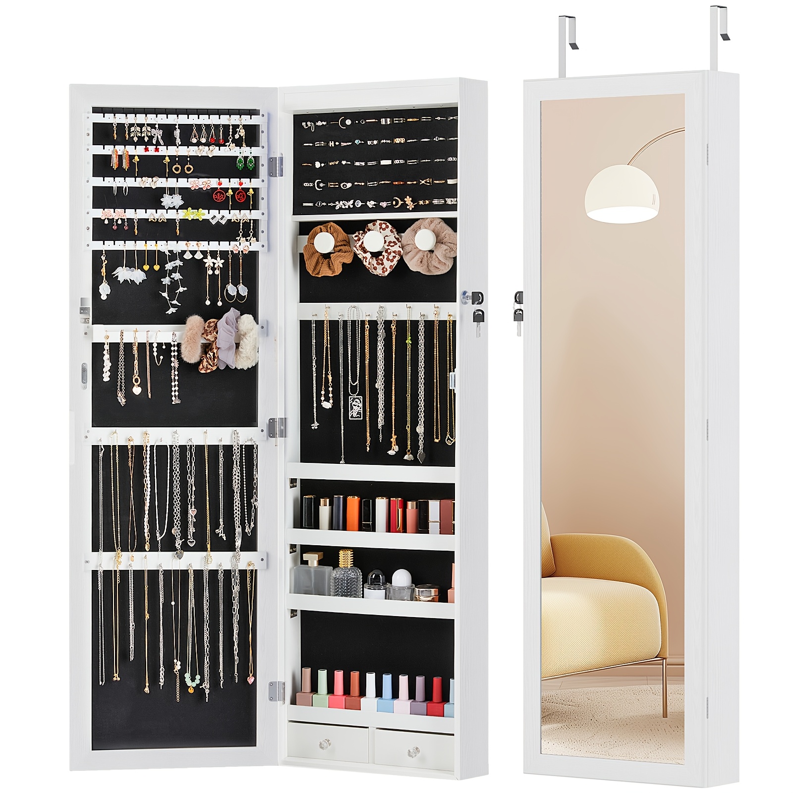 TEMU [ Organizer Storage] 47.2" Floor-to-ceiling Jewelry Box, 6 Leds & - Mirror-integrated Storage And Organization For Necklace Displays & Earring