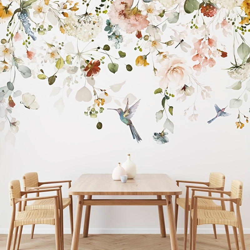 Image of Removable Self-adhesive Wall Stickers Featuring Flower And Hummingbird Murals For Decorating Bedrooms, Living Rooms, And Studies, Made Of Pvc