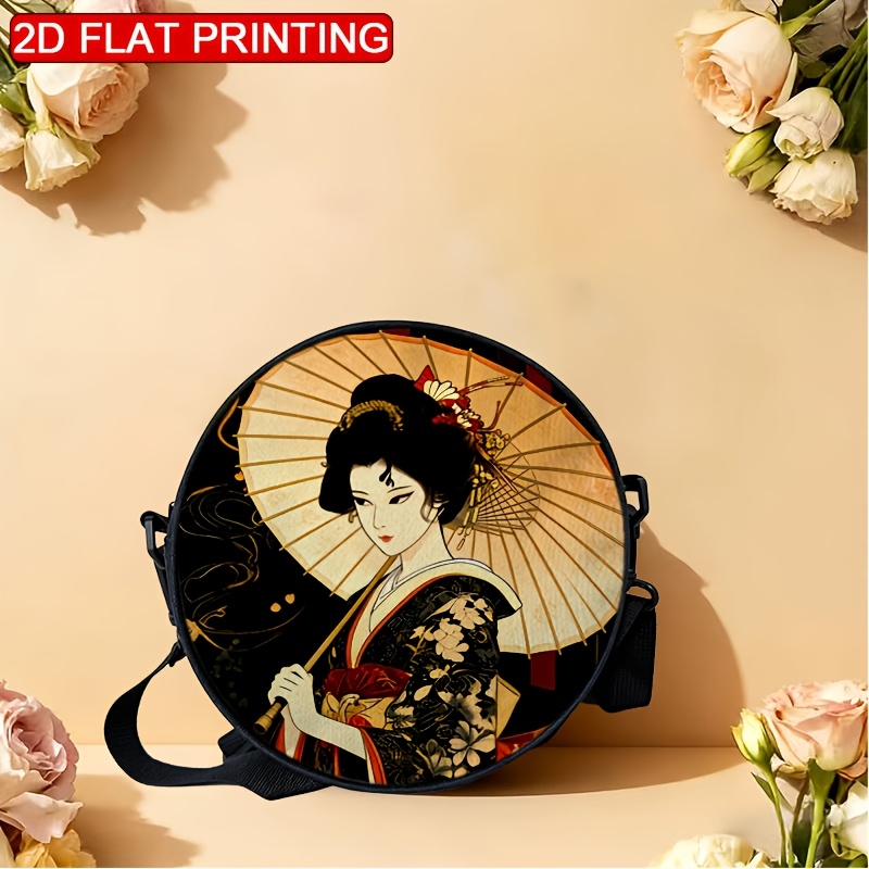 TEMU 1 Sac à bandoulière pour femme avec illustration de kimono de geisha japonaise, impression 2D, sangle d'épaule réglable, fermeture à glissière,