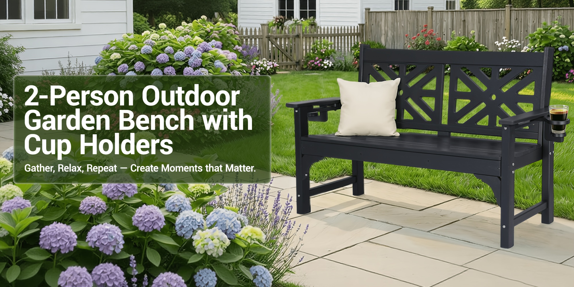 Outdoor Bench with Cup Holders, HDPE Weatherproof Garden Bench 2-Person, Fade/Rot Resistance Patio Benches for Porch And Park