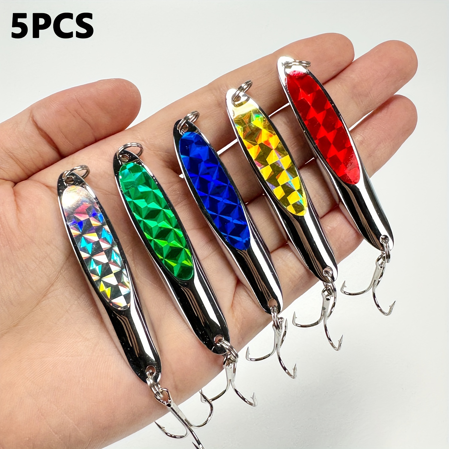 

5pcs Stainless Steel Spoon Lures With Laser Reflective Foil, Mixed Color Metal Fishing Baits For Saltwater & Freshwater, Triple Hook Hard Bait For Bass, Trout, Salmon - Ideal For Father's Day Gift