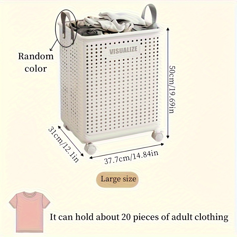 TEMU Upgraded White Plastic Rolling Storage Basket With Wheels – Foldable Large Capacity Organizer For Laundry, Bathroom, And Household Items, Star Cut-out Design, Laundry Basket