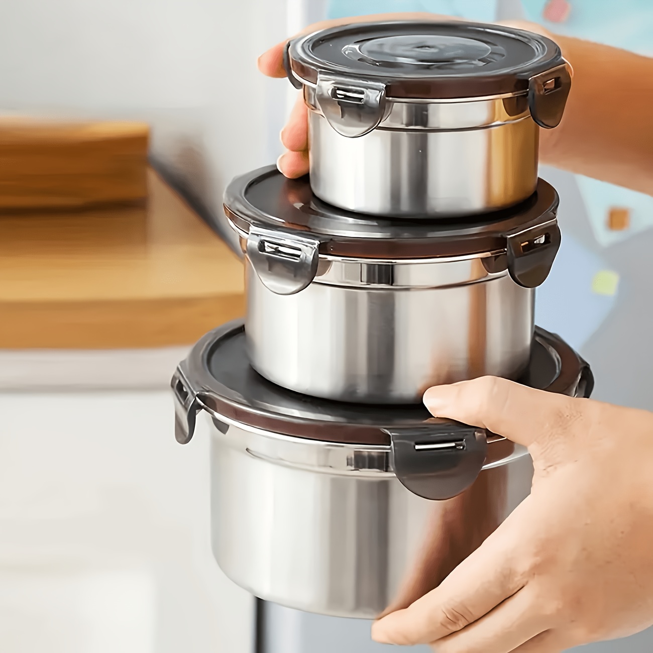 Image of 1 Set Of 3pcs Of Fresh-keeping Boxes, Leak-proof, Reusable Stainless Steel Containers, With Lids, Used As Sealed Bowls, Fresh Food Storage Boxes And Bento Boxes