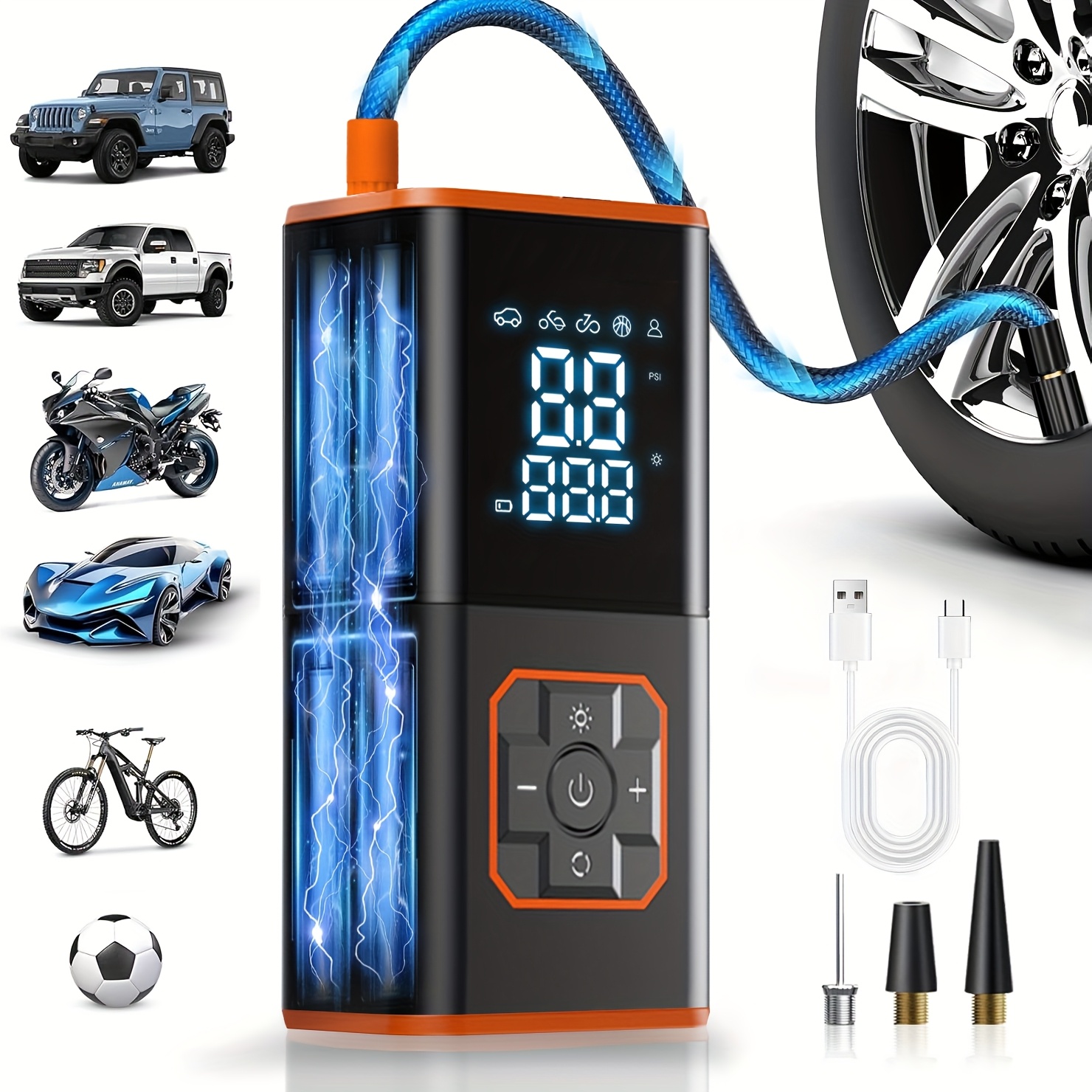 TEMU Pompe à air fil portable pour véhicules, gonfleur de pneu numérique automatique pour voitures, outil d'entretien de véhicule au design compact,