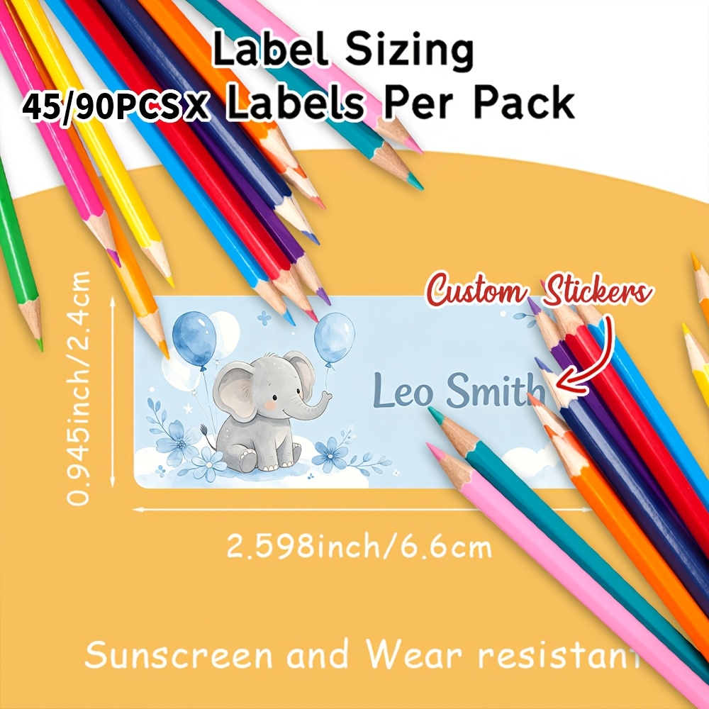 45/90pcs Personalized Little Elephant Watercolor Name Stickers