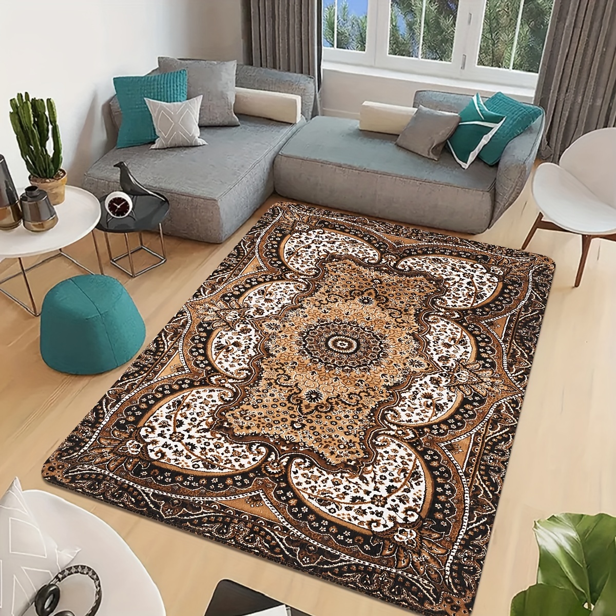 

Chic Brown Ethnic Print Area Rug - Soft, Non-slip Tpr Backing, Machine Washable For Living Room, Bedroom, Study, And Balcony Decor