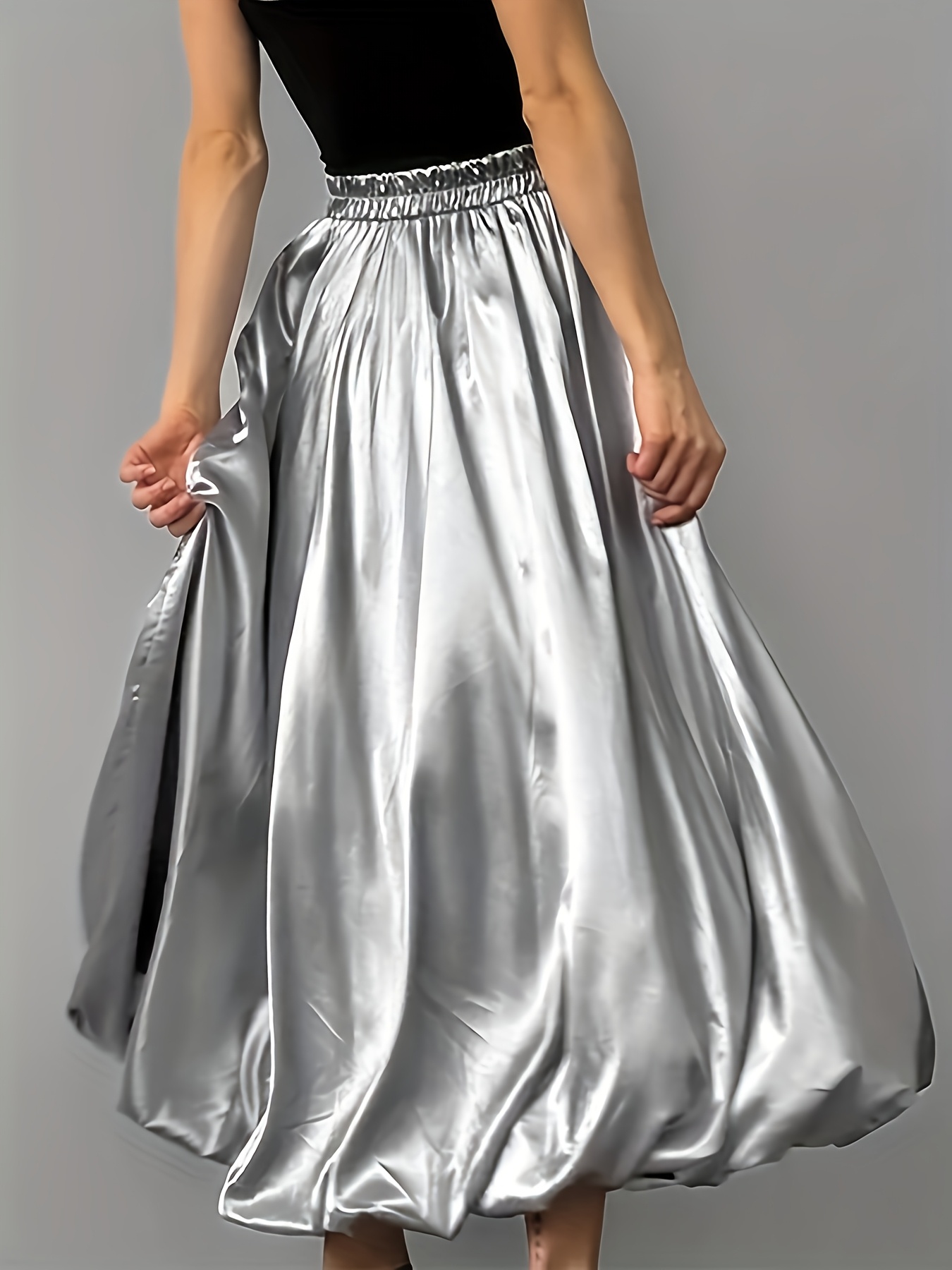 【Acka.】balloon satin skirt elegant silvery satin balloon skirt women a line flowing