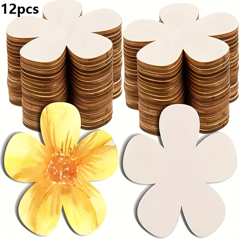 Image of 12 Wooden Flower-shaped Pieces, Unpainted Wood, Diy Painting And Doodling Craft Wooden Hanging Ornaments, Holiday Wedding Party Home Decorations