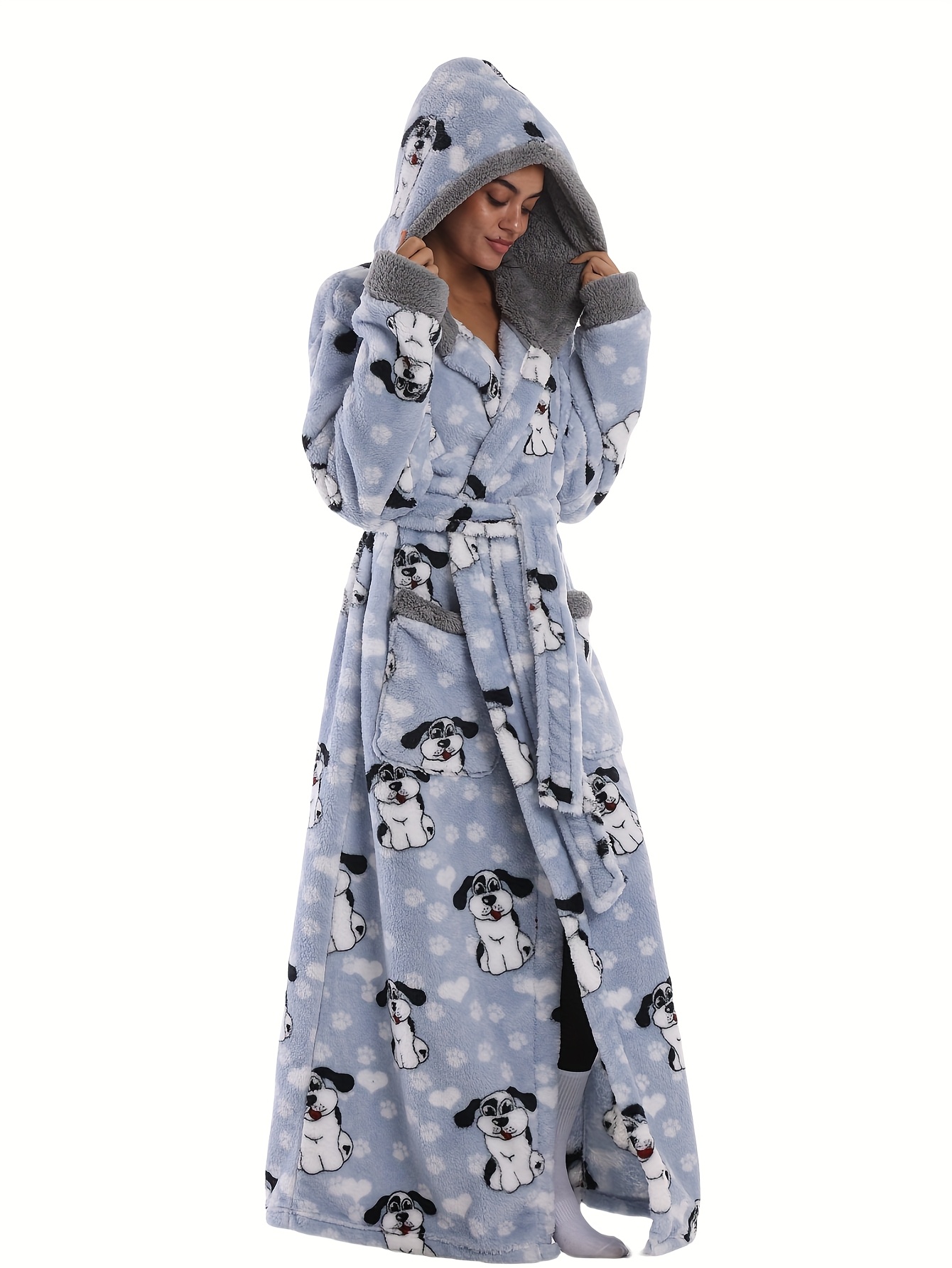 1pc European and American Autumn/Winter Luxury Printed Dog Ear Hooded Bathrobe with Long Style for Women, Extended Length Home Wear