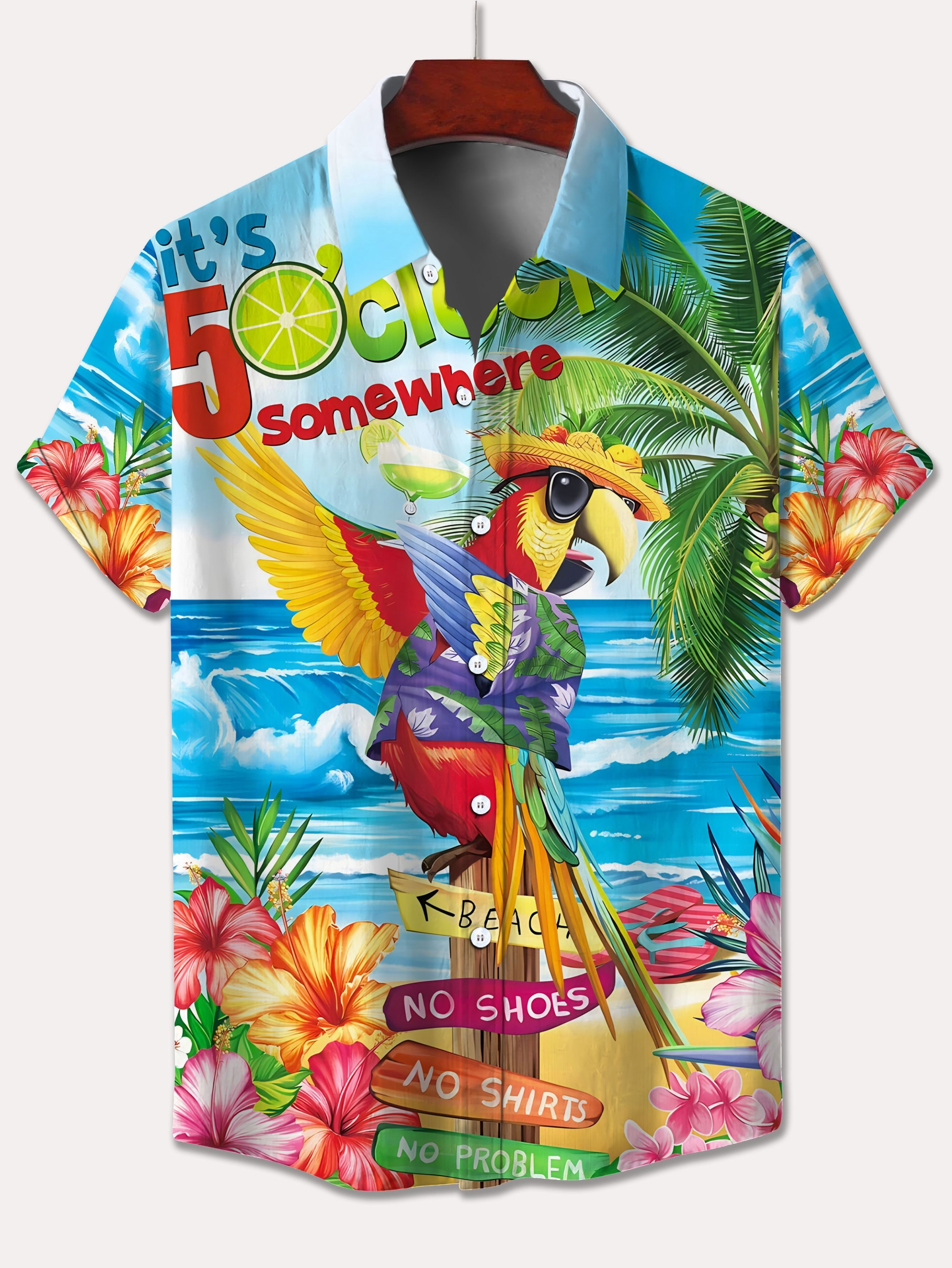 Plus Size Men's 3D Parrot Print Hawaiian Shirt - Tropical Beach Short Sleeve Button-Up with Palm Trees & Hibiscus, Machine Washable Lightweight Fabric for Spring Summer Fall, Casual Vacation & Leisure Wear, PLUS SIZE