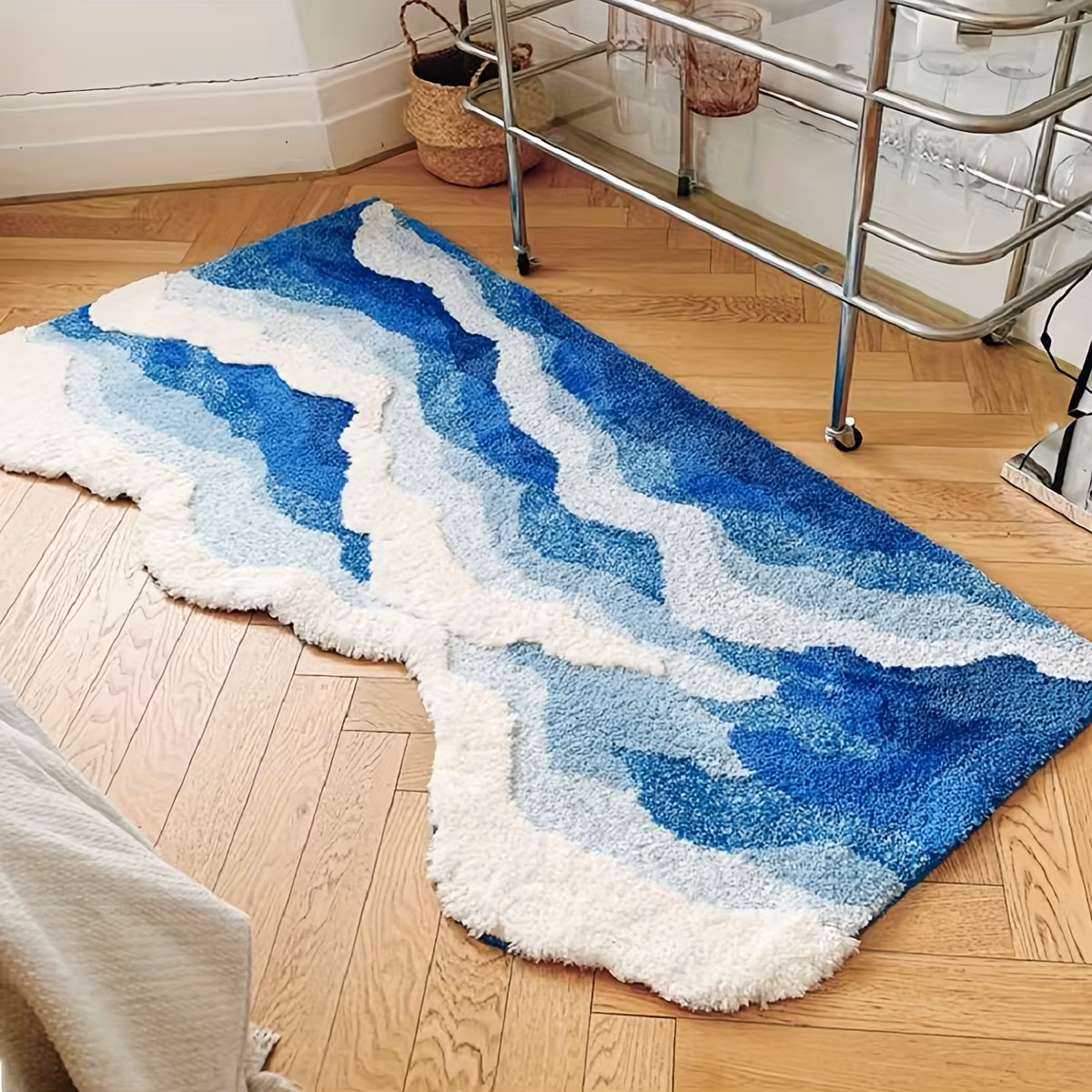 1850g m thickened and dense tufted flocked carpet with tpr non slip backing art ocean carpet irregular outline with and white like soft comfortable non slip water absorbent for bedroom living room decor Product details 0