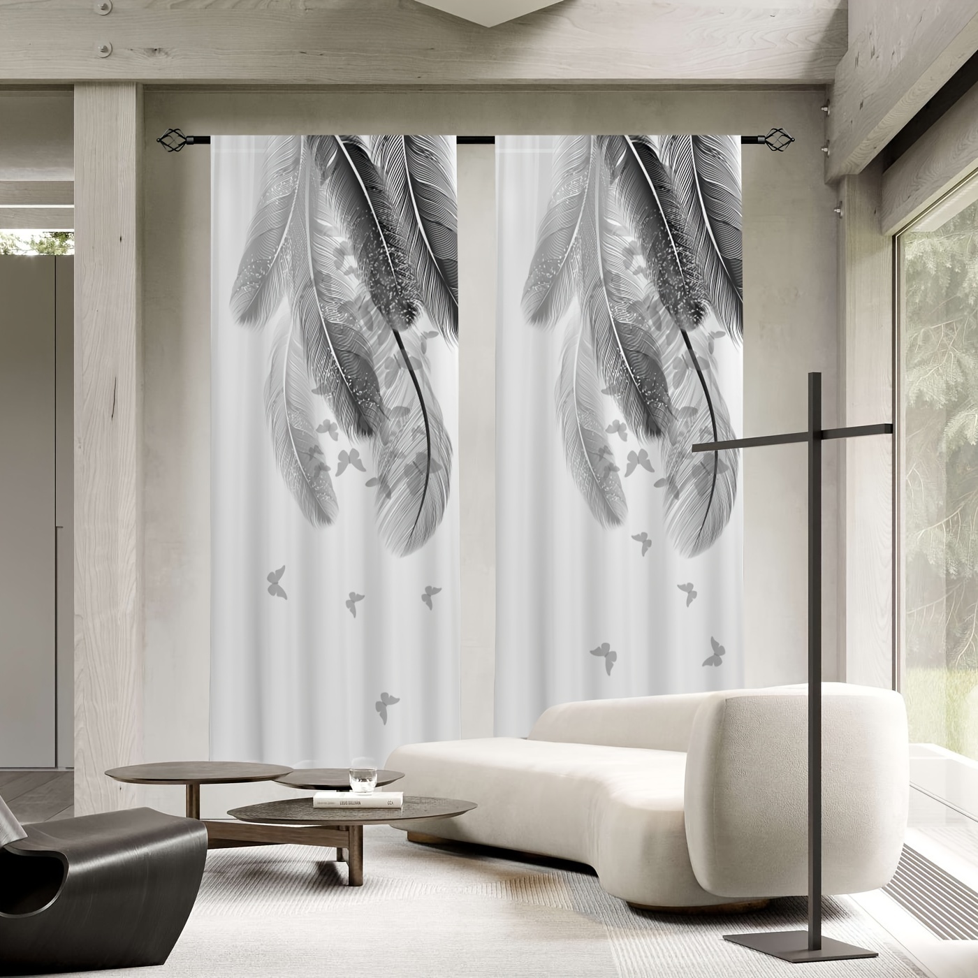 TEMU [ Livraison] Ensemble 2 pièces, Rideaux translucides imprimés de plumes grises, Salon Salle de jeux Chambre à coucher Rideaux de décoration de
