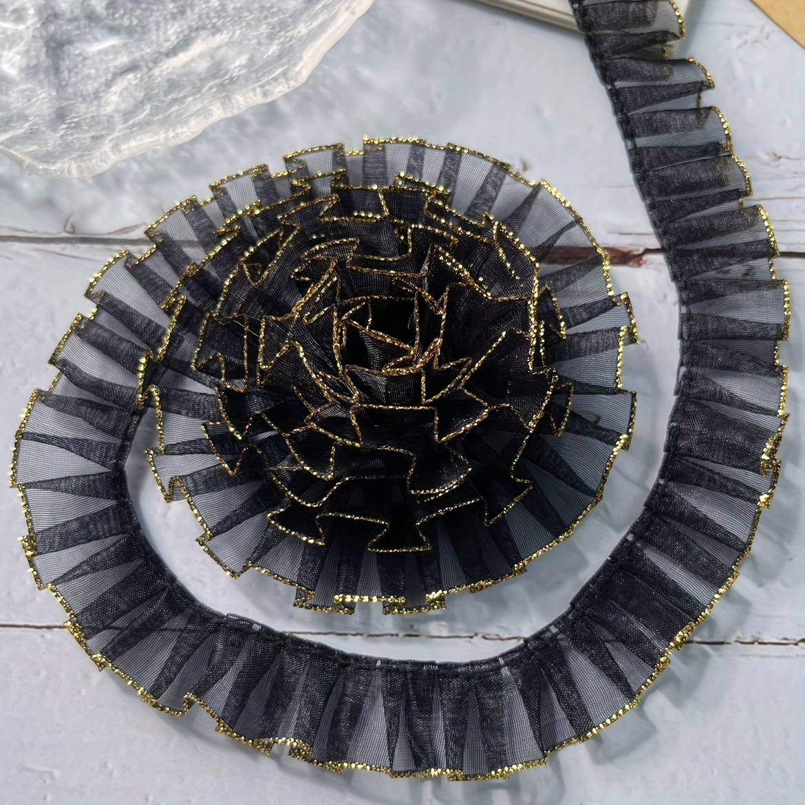 1 Roll Of 5 Yards, 2 Cm Wide, Gold- Handmade Organza Lace Trim For Clothing, Doll Clothes, Puff Edge, And Skirt Decoration Fabric