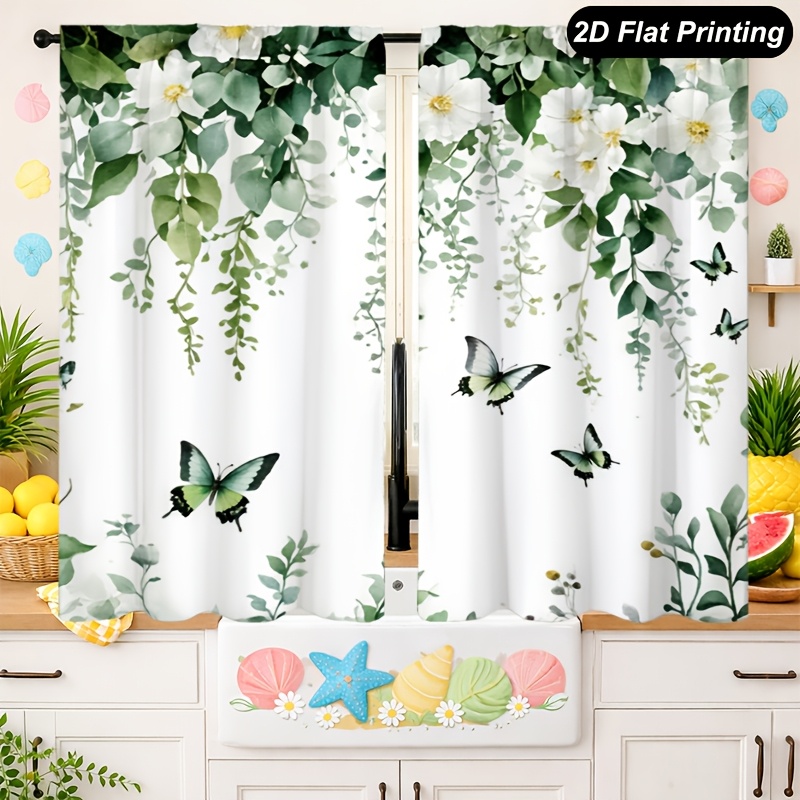 TEMU 2pcs Green Vine Pattern Kitchen Curtains Small Short Cafe Window Curtains Rod Pocket Bathroom Window Drapes Tier For Room Office Bedroom Home