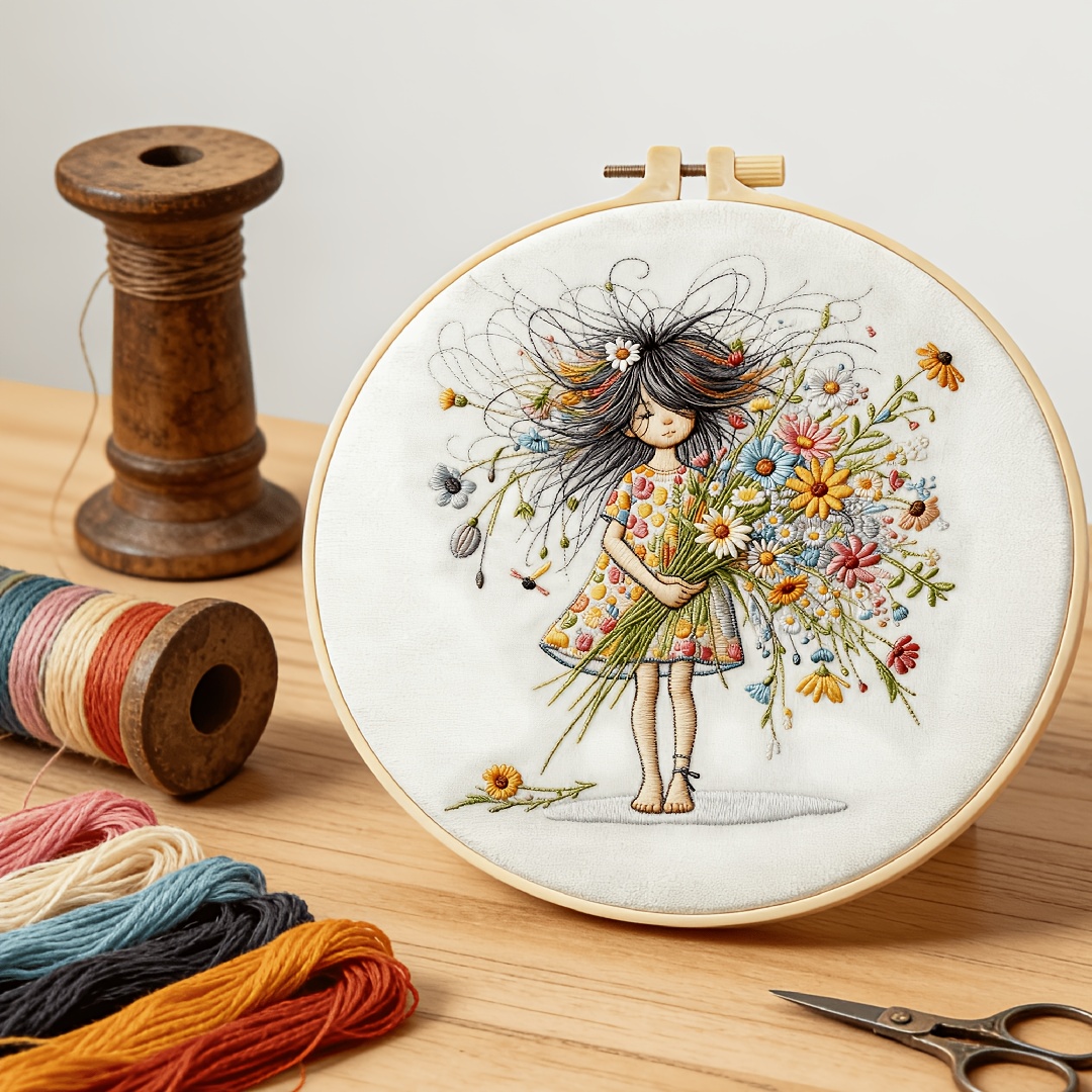 TEMU Embroidery Kit For Adult Beginners, Handmade Embroidery Starter Kit With Girl Holding Flowers Pattern. The Embroidery Kit Includes An Embroidery