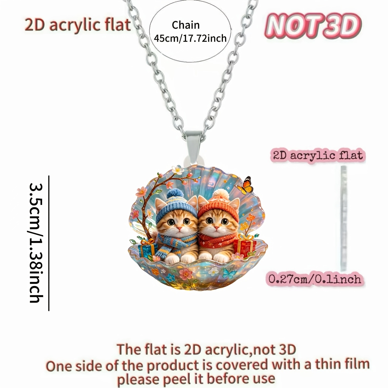 2pc Cute Kitten Patterns Chain Pendant Necklace