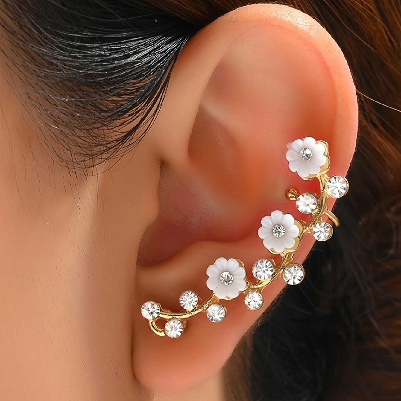 1pc Sweet Elegant Earrings Metallic Rhinestone Resin Flower Punk Fashionable Ear Wraps For Vacation Party Office Jewelry