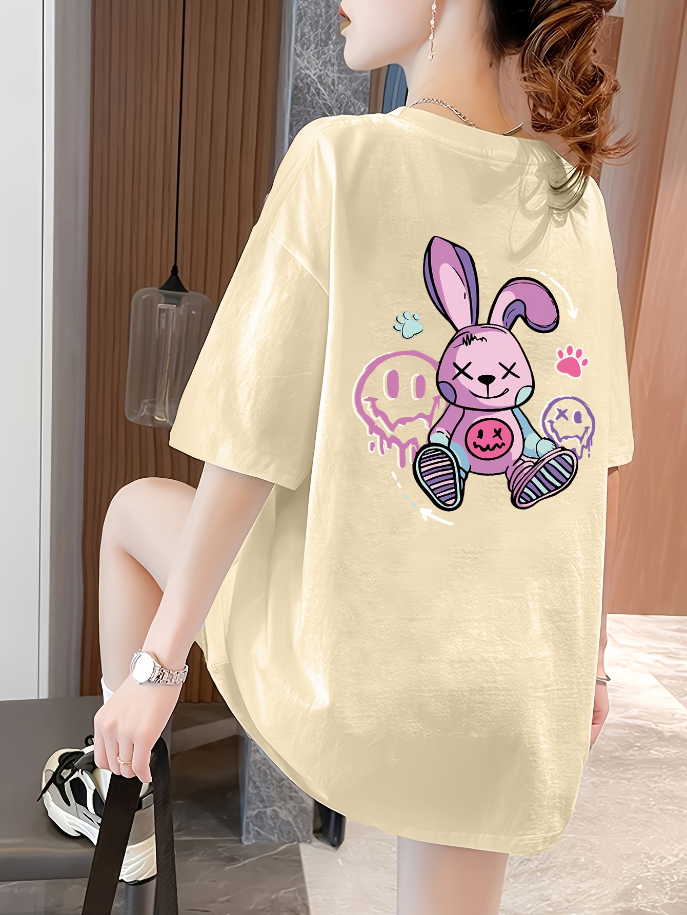 Women's Y2K Retro Cute Bunny Back Print T-Shirt Light Grey Non-Stretch  Casual Everyday Tee for Spring/Summer/Fall Outfits Women's Fashion Top,  Pla
