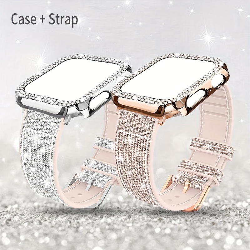 

1 Set Elegant Fashion Chameleon Silicone Watch Band And Case For Apple Watch, Compatible With -9, Se, Ultra, Crystal Rhinestone Embellished, Shockproof Hard Pc Material Protective Cover