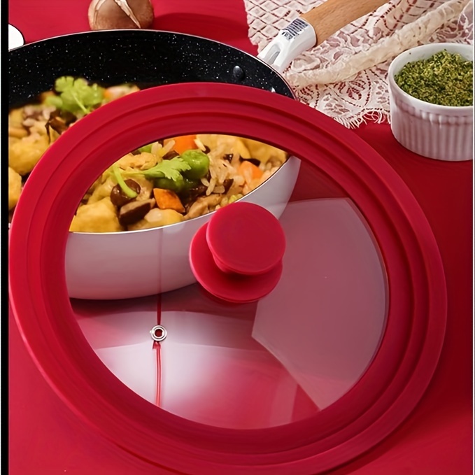 versatile red silicone   glass lid for pots skillets fits 8 to 11 diameters dishwasher safe with non slip knob and heat resistant design details 0