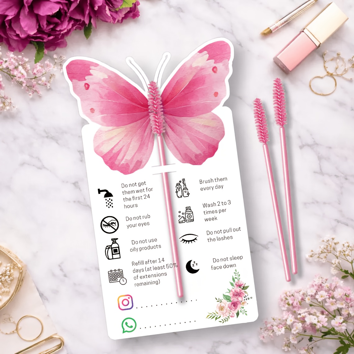 TEMU Lot de 38 cartes CARDDSGN de soins après-extension de cils papillon rose, adaptées à une clientèle professionnelle, fiches d'instructions de