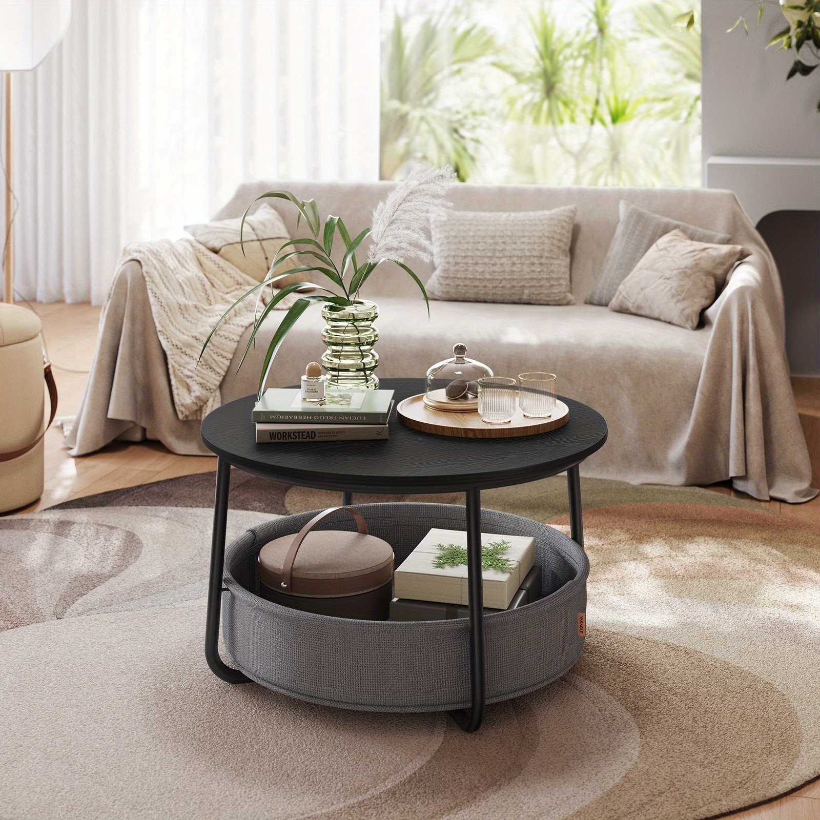 TEMU Table Basse avec Rangement, de Centre pour Salon avec Panier en Tissu, Style Moderne, Cadre en Métal, Noir Encre et Gris Ardoise