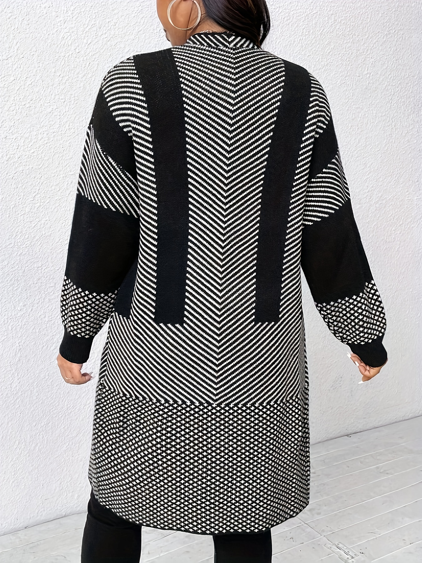 plus size, plus-size dames casual color-block vest - gestreepte  -lengte open front trui met opstaande kraag, zwart-wit visgraatpatroon, knusse herfst winter laagje,   comfortabel kledingstuk, niet-rekbaar stof 2