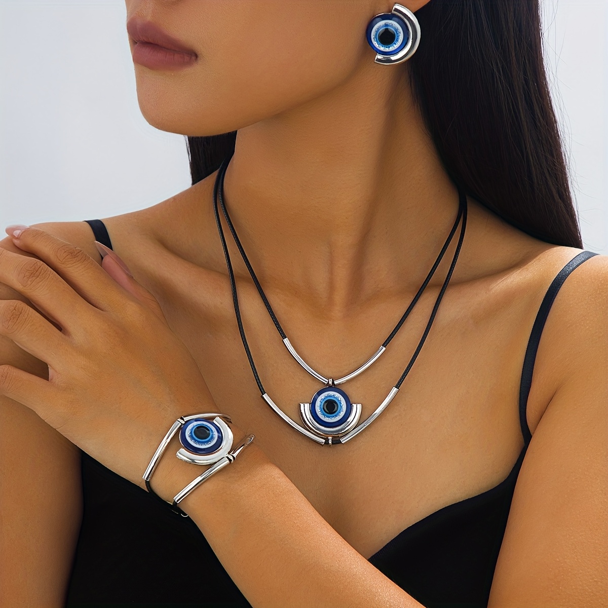 E-shop 4-teiliges stilvolles böhmisches Augen-Schmuckset mit Halskette, Armband und Ohrringen, als Geschenk für Frauen und für den alltäglichen