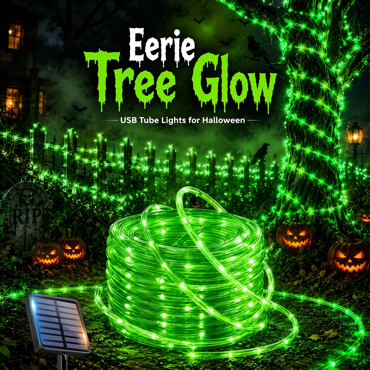 TEMU Luces de cuerda de tubo flexible con LED verdes y energía solar con 12 de iluminación, 50 LED/39 pies 100 LED/56 pies 150 LED/72 pies 200 LED,