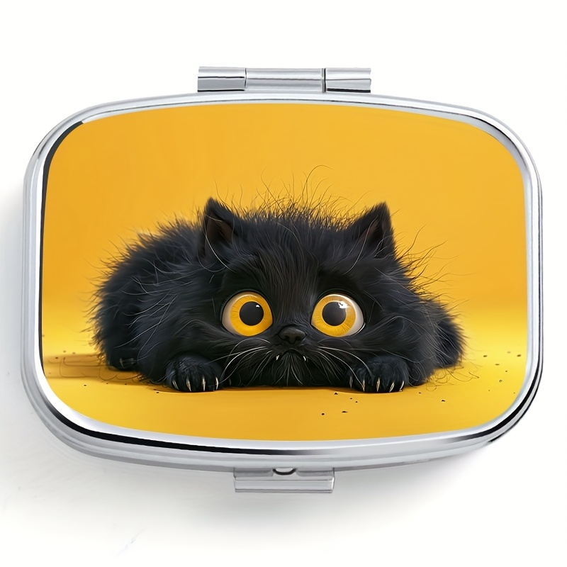 Image of 1pc Cute Cat Printed Square Pill Box - Double Compartment Mini Portable Design, Suitable For Travel, Outdoor Sports, Pocket Or Wallet, Metal Storage Box
